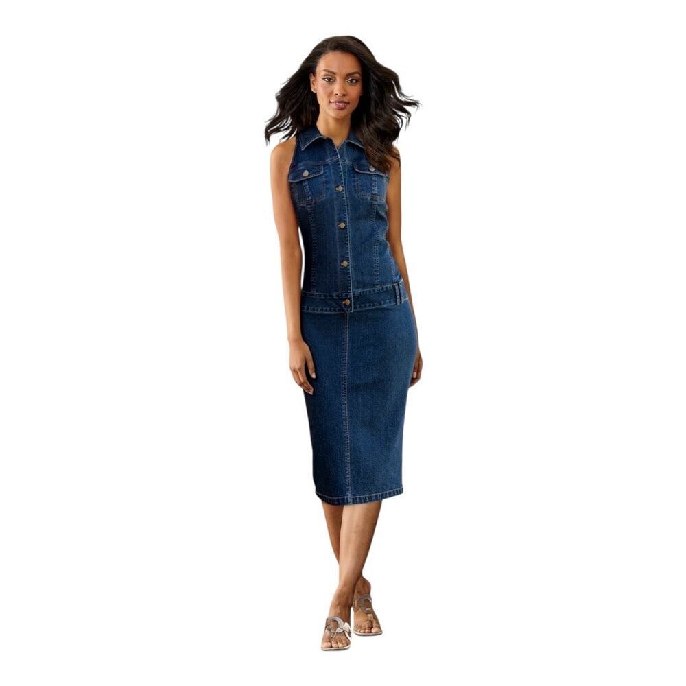Monroe & Main women’s medium Sleeveless Stretch Denim Collar Button Down Dress - Picture 2 of 5